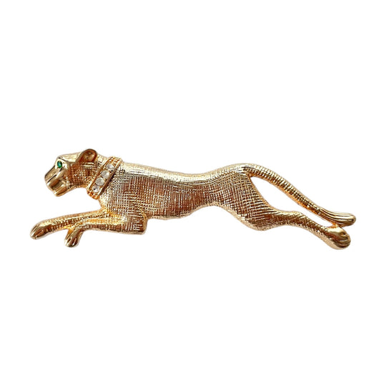 1980s Leaping Panther Gold Plated Diamanté Statement Brooch
