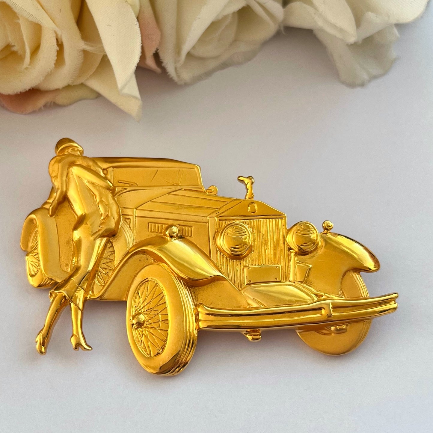 1980s JJ Jonette Jewelry for Park Lane Gold Plated Vintage Lady & Rolls Royce Car Brooch