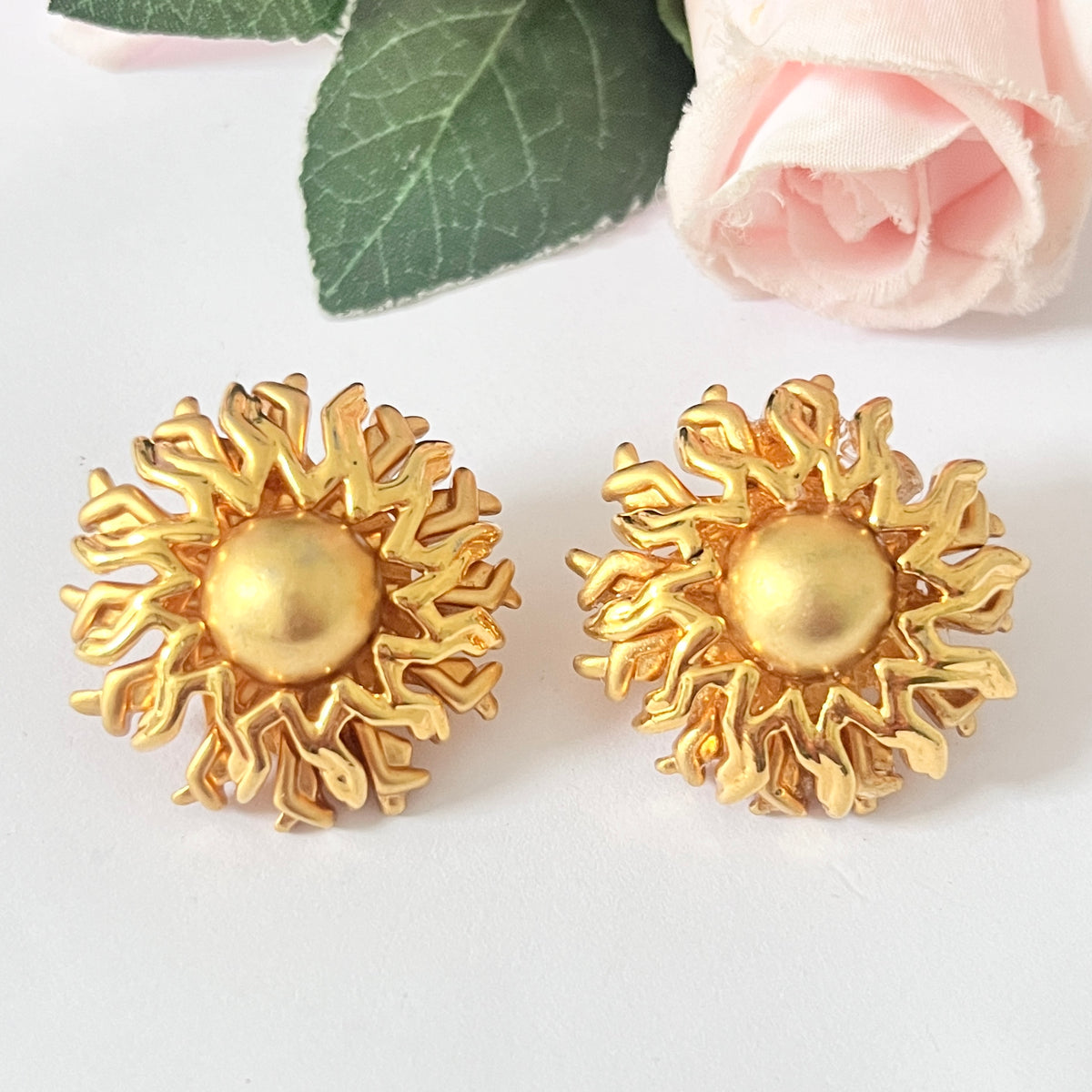 1980s Monet Brushed Gold Plated Flower Clip On Earrings