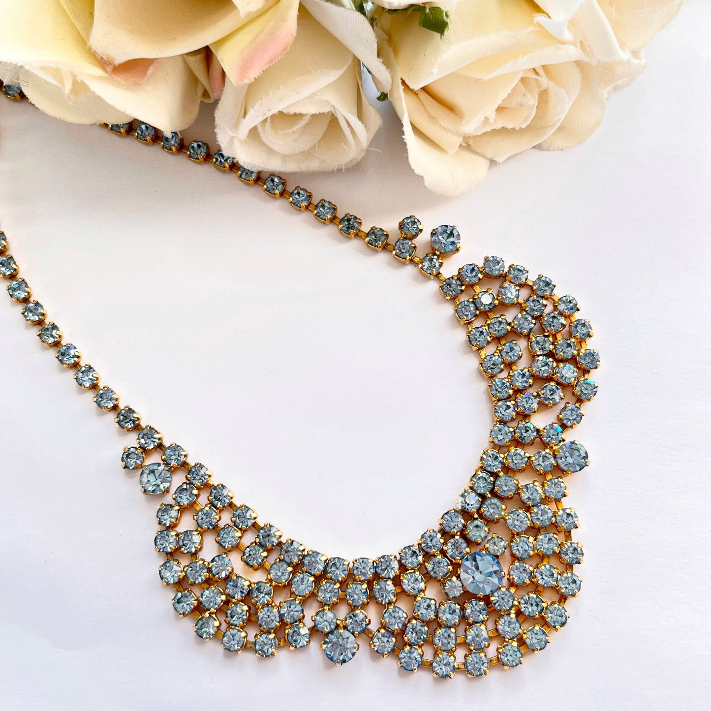 1950s Denim Blue Diamanté Sparkly Gold Plated Necklace