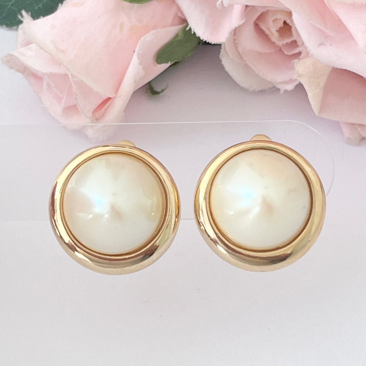 1980s Givenchy Pointed Faux Pearl Gold Plated Circle Clip On Earrings