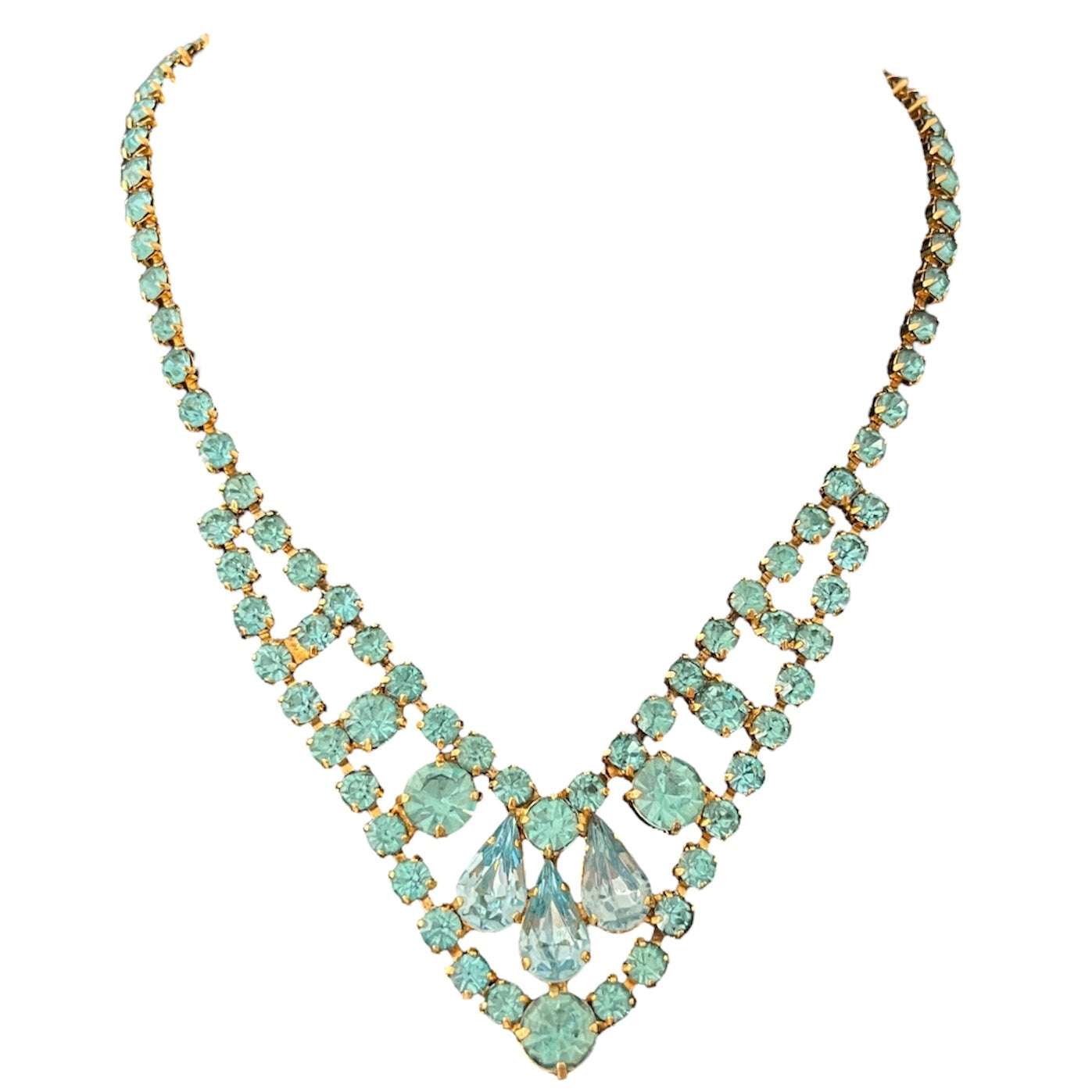 1950s Aqua Blue Diamanté Sparkly Gold Plated Necklace