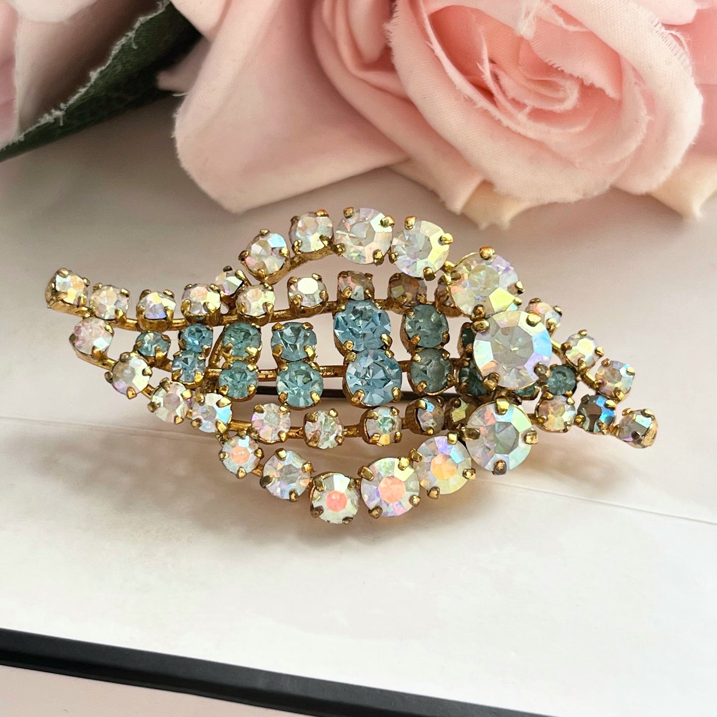 1940s Aurora Borealis Baby Blue Diamanté Gold Plated Leaf Brooch