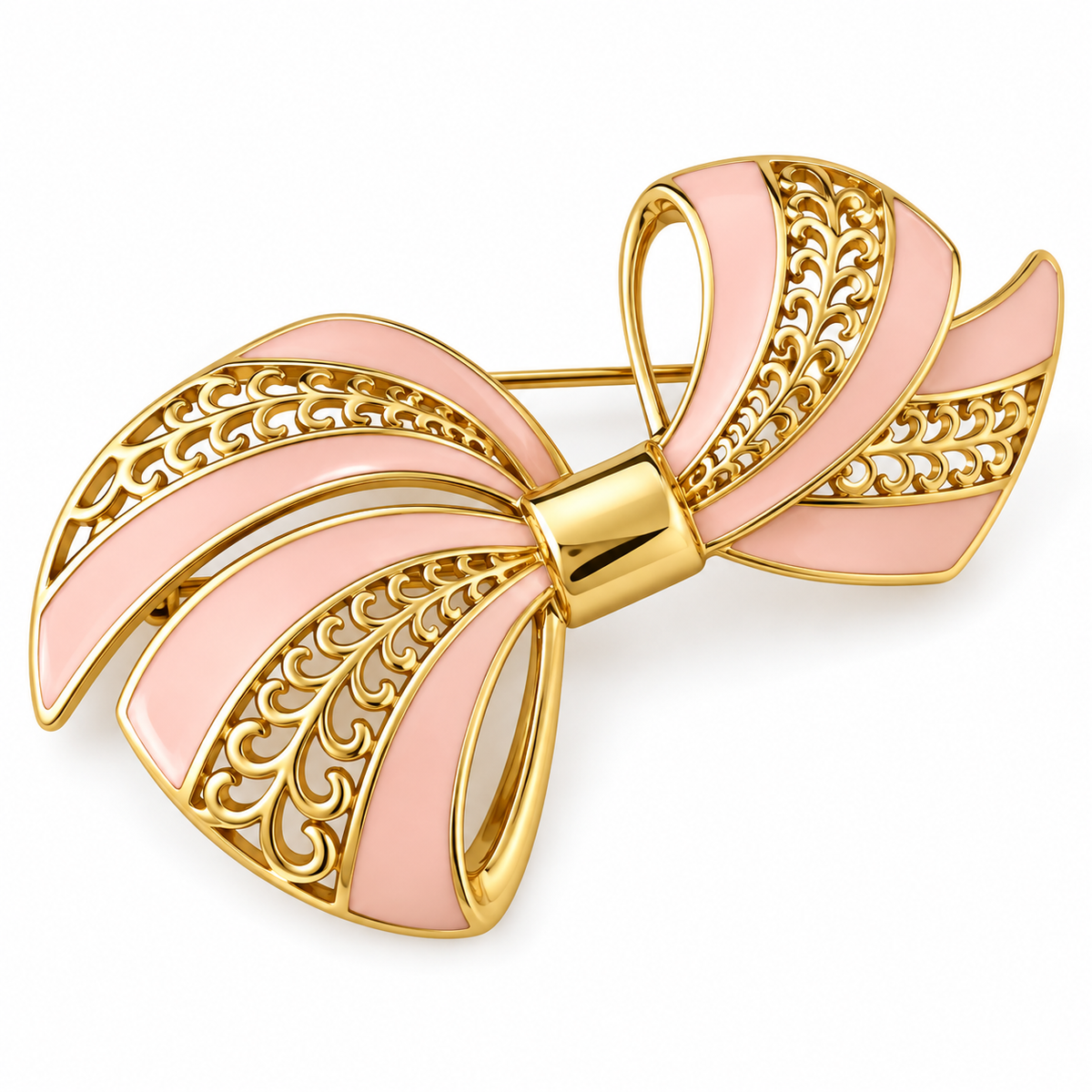 1980s Trifari Gold Plated Pink Enamel Large Statement Ribbon Bow Brooch