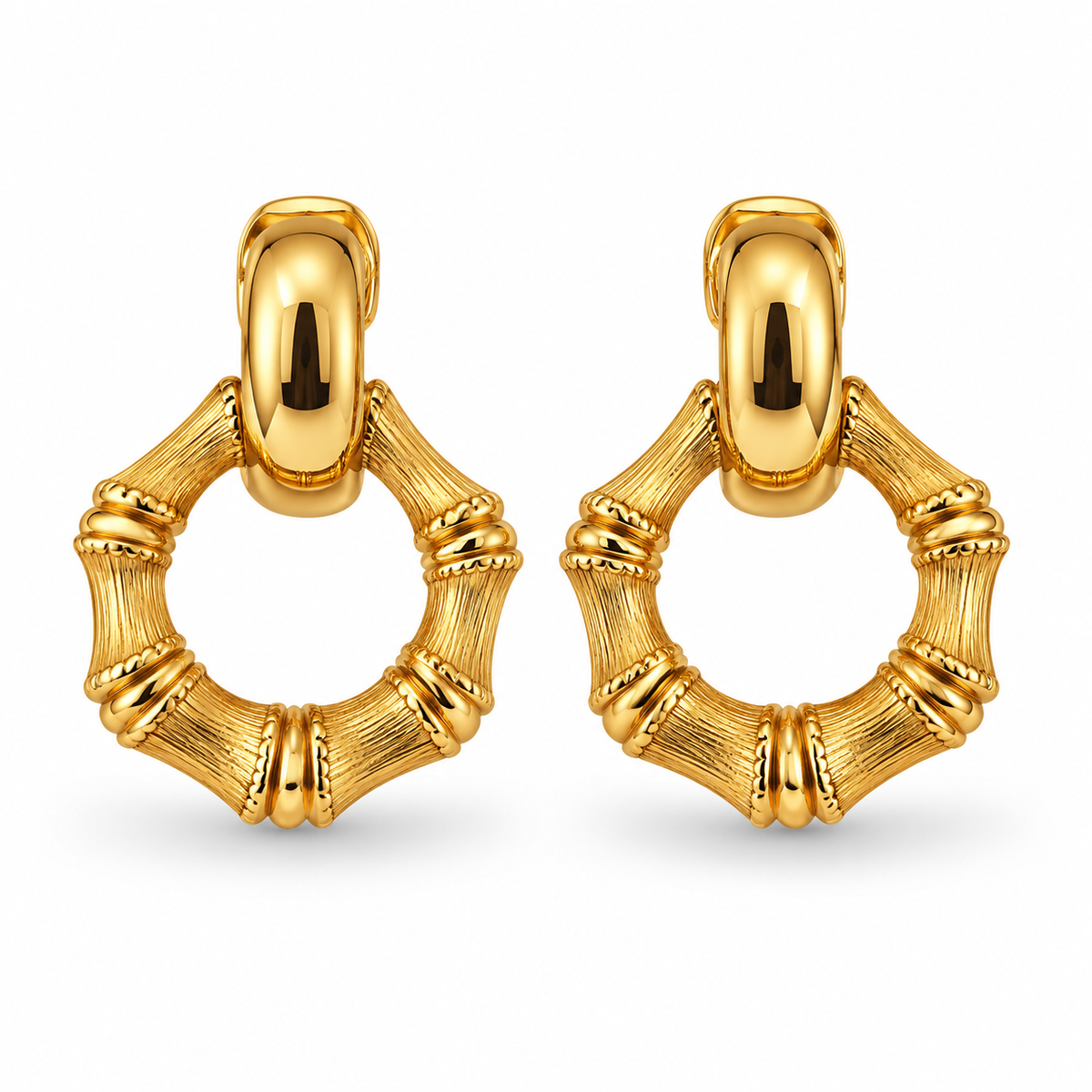 1980s Monet Gold Plated Bamboo Door Knocker Hoop Clip On Earrings