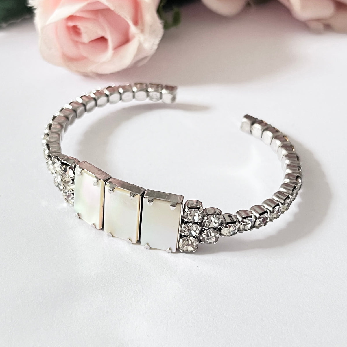 1940s Mother of Pearl and Diamanté Cuff Bracelet
