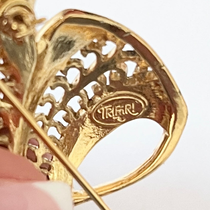 1980s Trifari Gold Plated Pink Enamel Large Statement Ribbon Bow Brooch