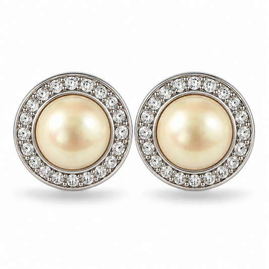 1980s Christian Dior Silver Tone Faux Pearl Diamanté Circle Clip On Earrings