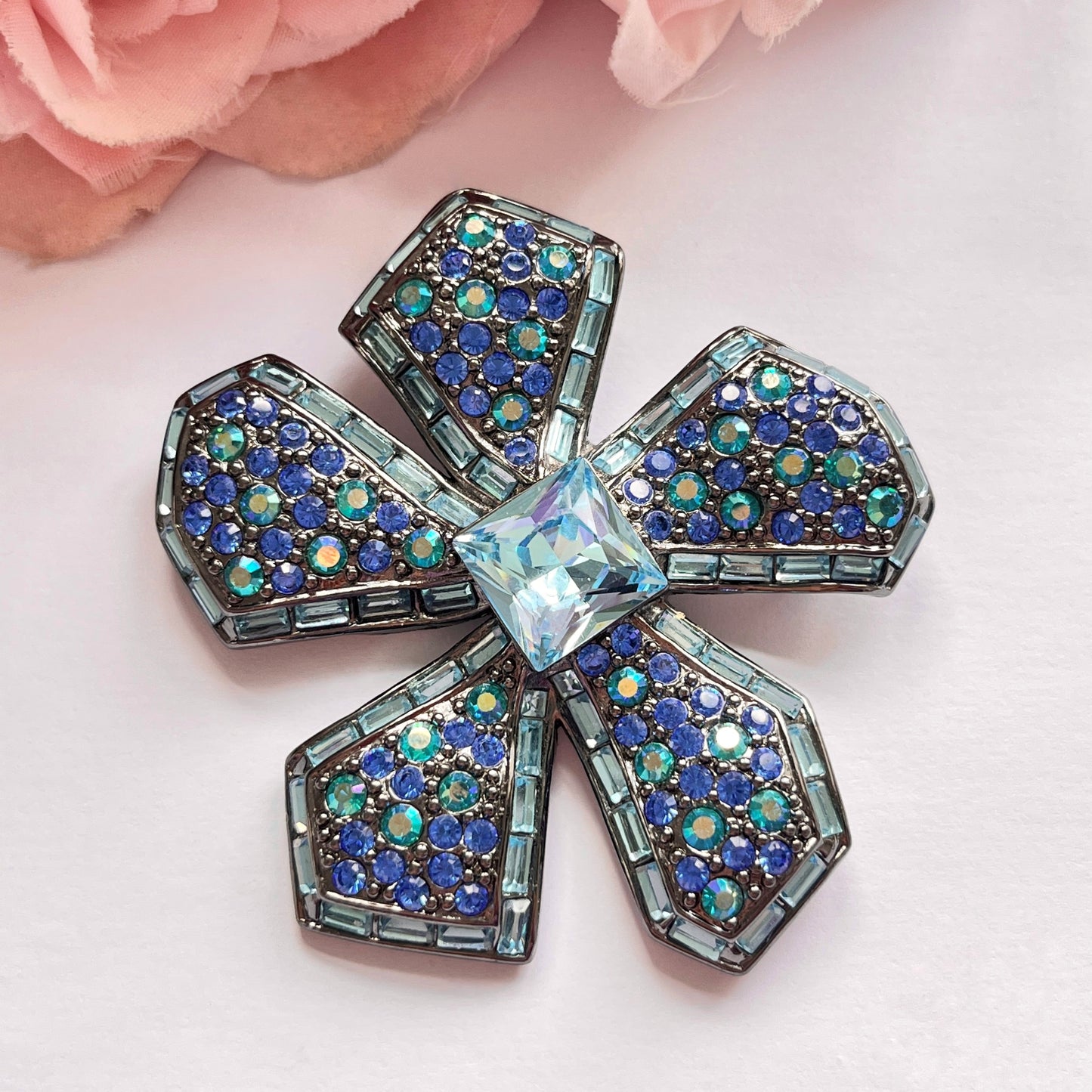 1990s Givenchy Blue Diamanté Flower Brooch