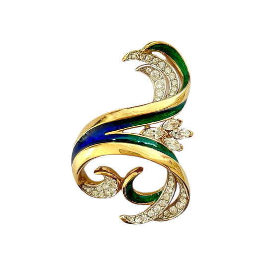 1980s Attwood & Sawyer Swirly Blue and Green Enamel Swarovski Crystals 22ct Gold Plated Brooch