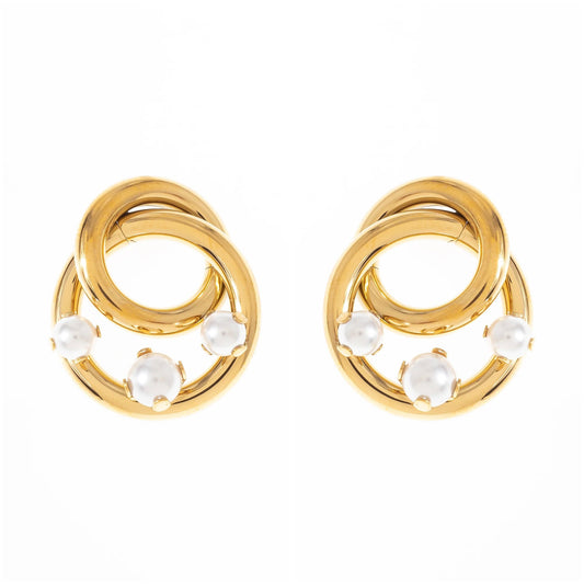 14k Gold Plated Faux Pearl Circle Statement Pierced Earrings