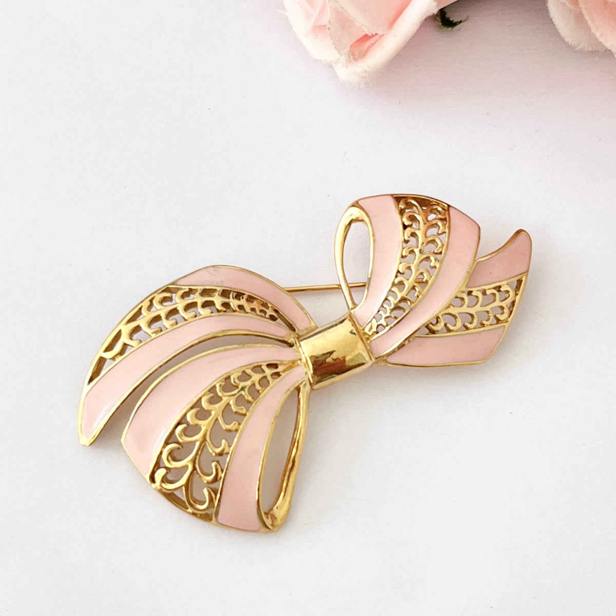 1980s Trifari Gold Plated Pink Enamel Large Statement Ribbon Bow Brooch