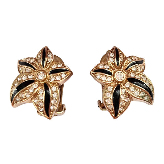 1980s Christian Dior Germany Gold Plated Black Enamel Diamanté Clip On Earrings