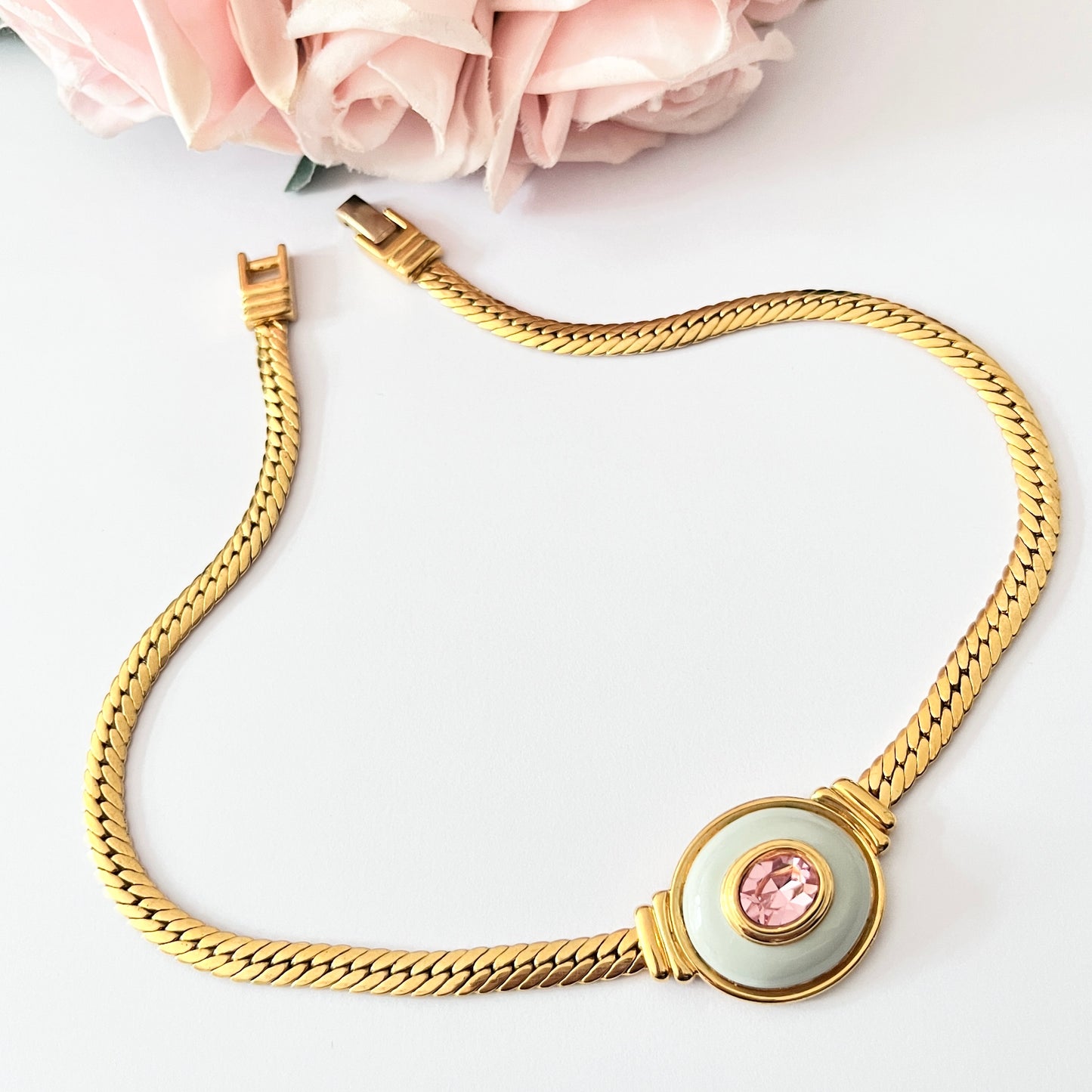 1970s Blue Enamel Pink Diamanté Gold Plated Collar Necklace