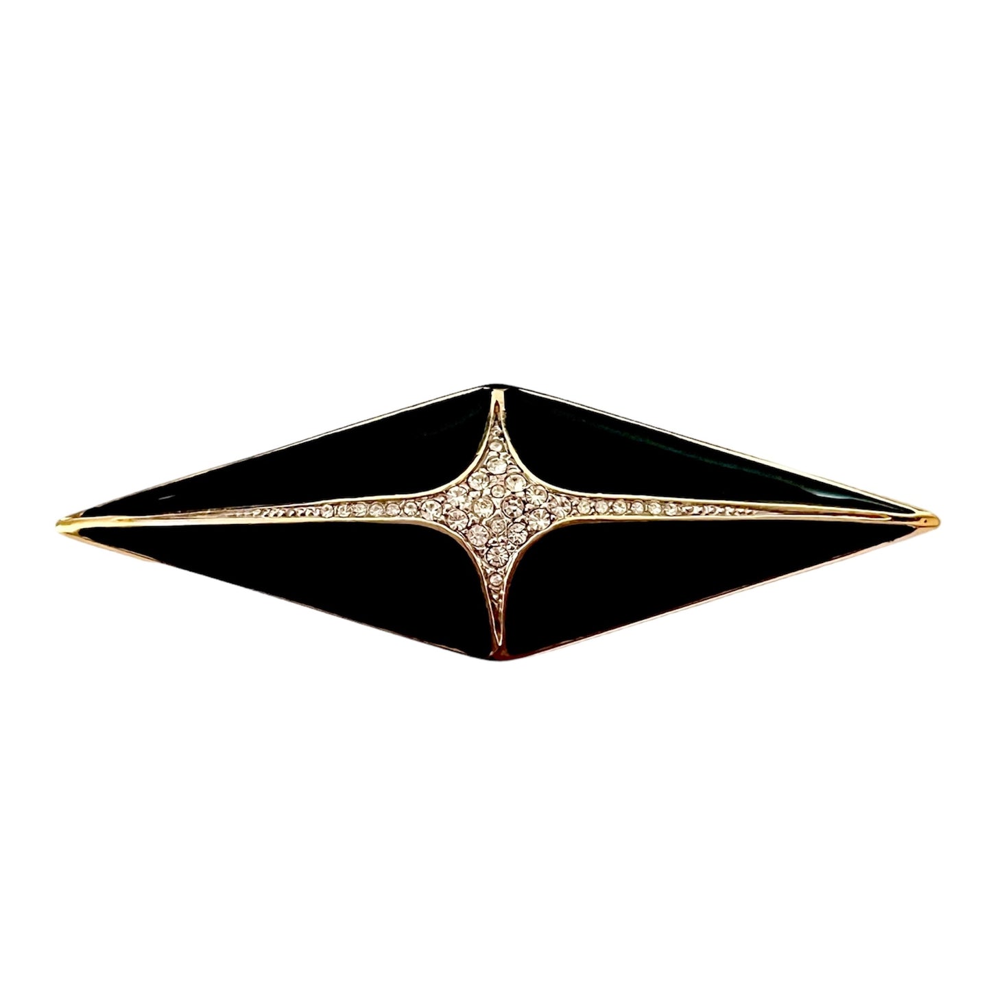 1980s Gold Plated Black Enamel Diamanté Brooch