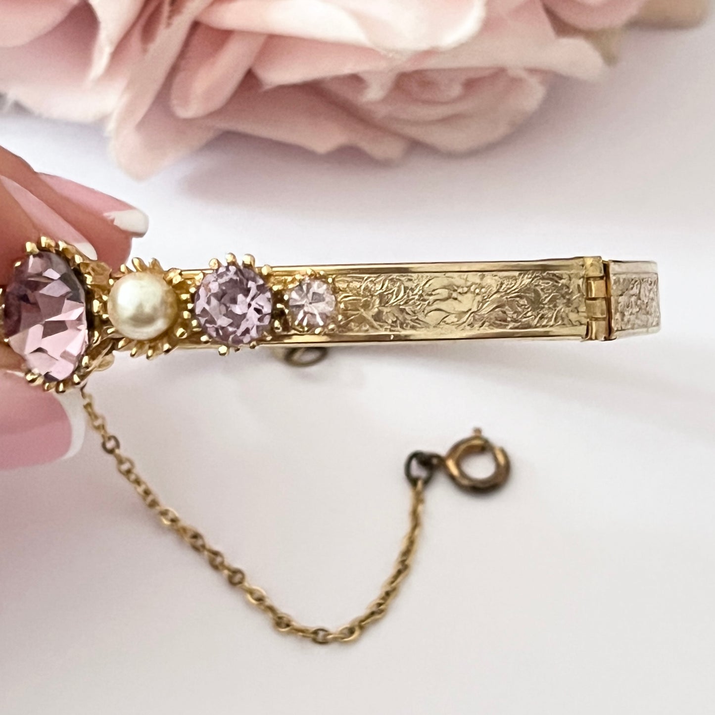 1960s Faux Amethyst & Pearl Gold Plated Victorian Style Bangle