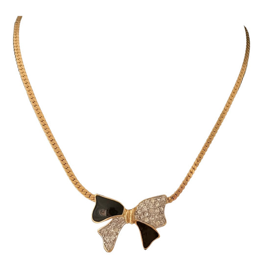 1980s Trifari Diamanté Black Enamel Gold Plated Bow Pendant Necklace