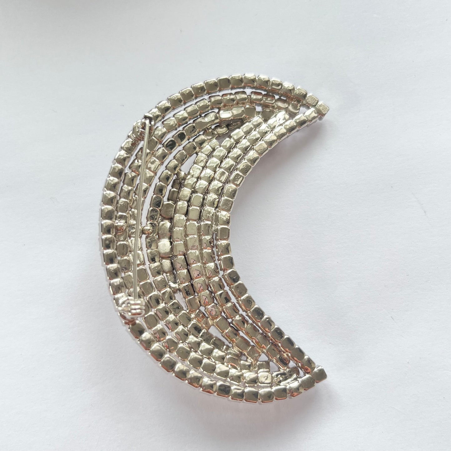 1950s Silver Tone Diamanté Crescent Moon Brooch