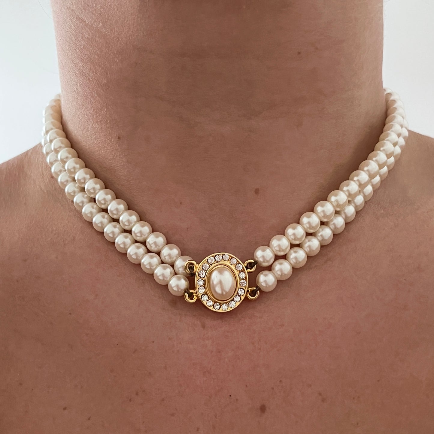 1980s Faux Pearl Diamanté Multistrand Collar Necklace