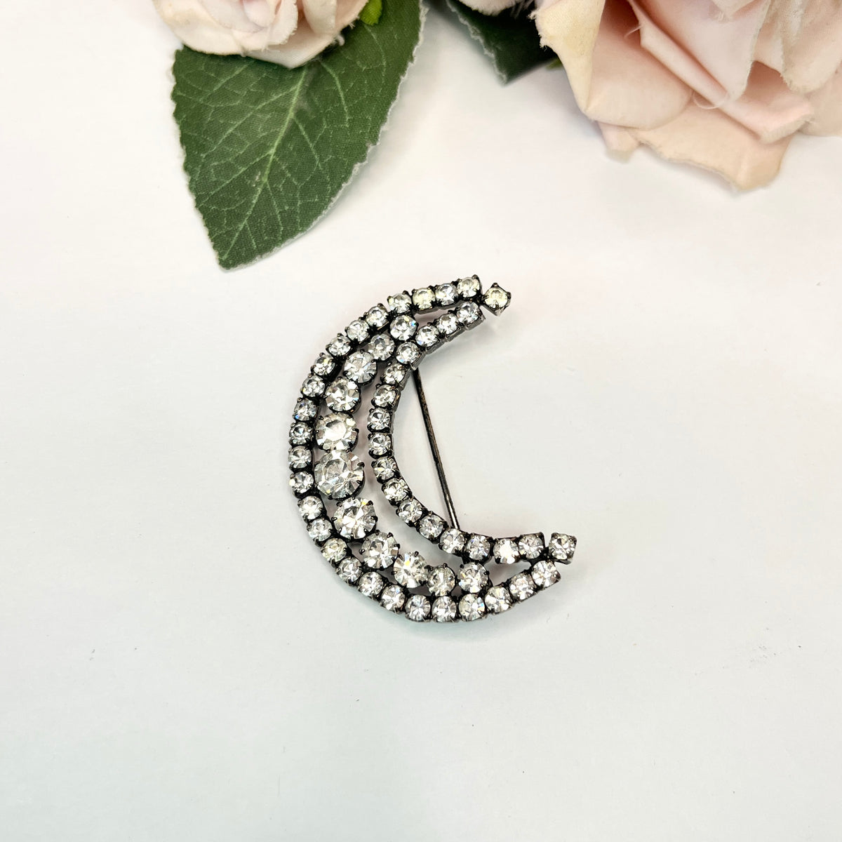 1960s Crescent Moon Diamanté Silver Tone Brooch