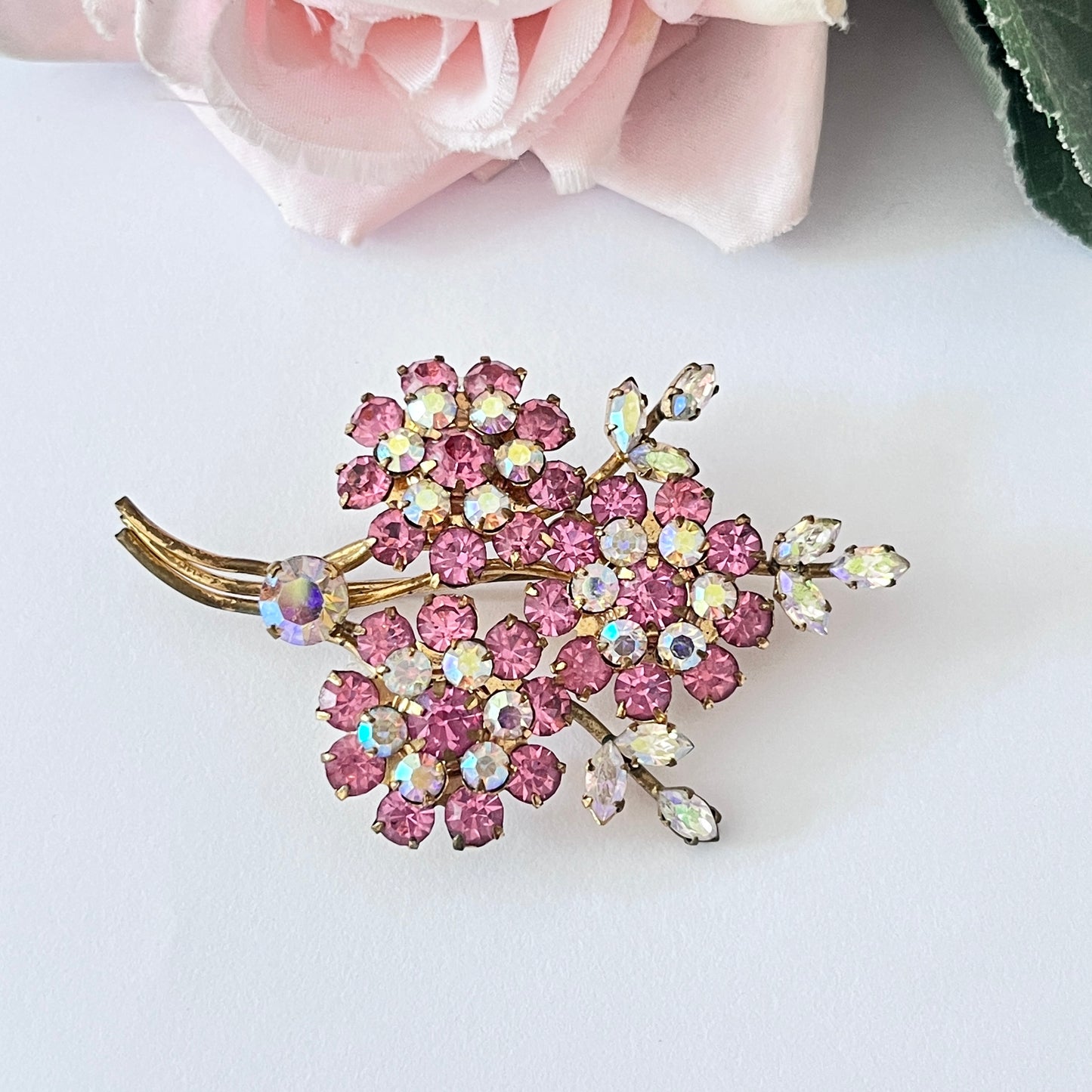 1950s Pink Paste Aurora Borealis Gold Plated Flower Brooch