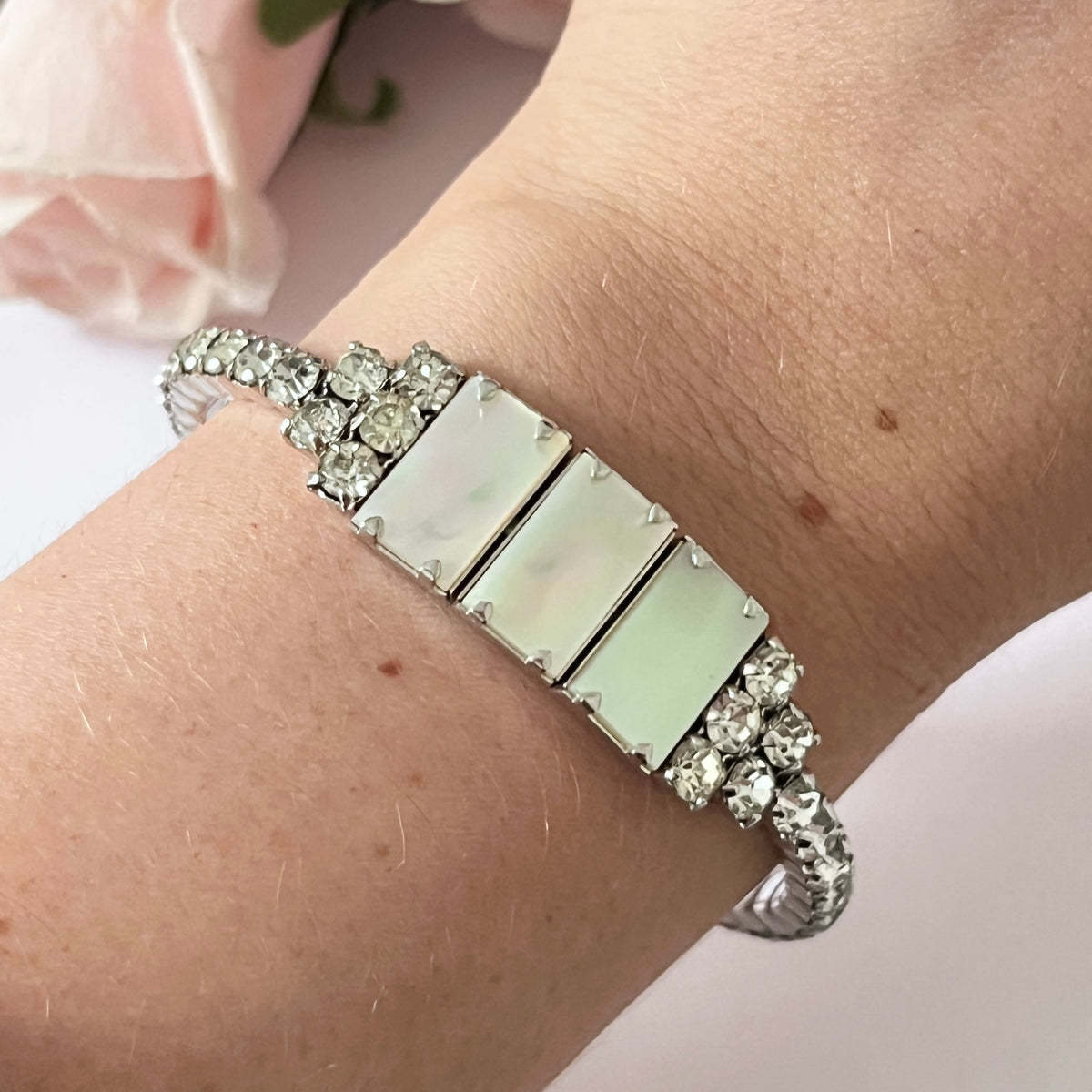 1940s Mother of Pearl and Diamanté Cuff Bracelet
