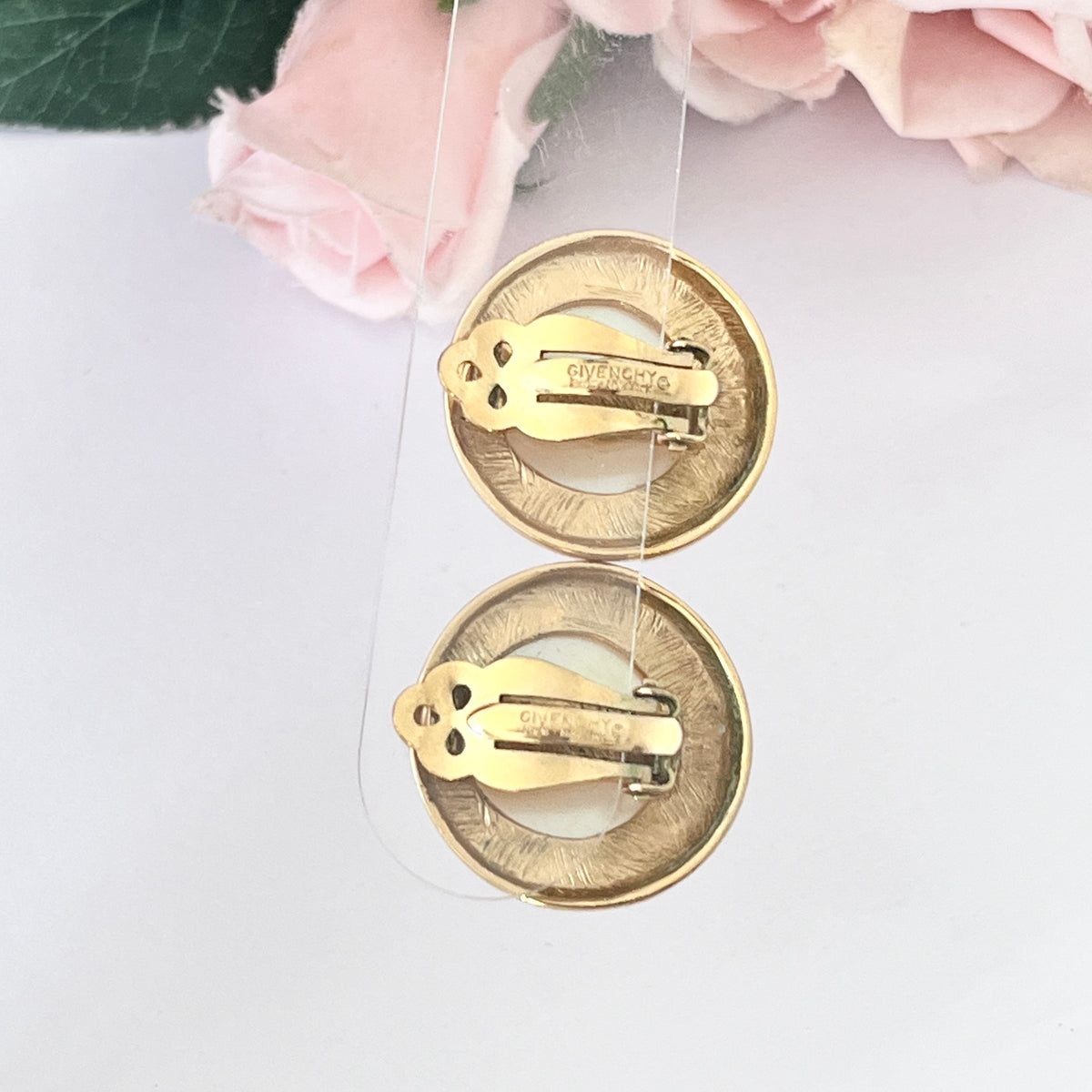 1980s Givenchy Pointed Faux Pearl Gold Plated Circle Clip On Earrings