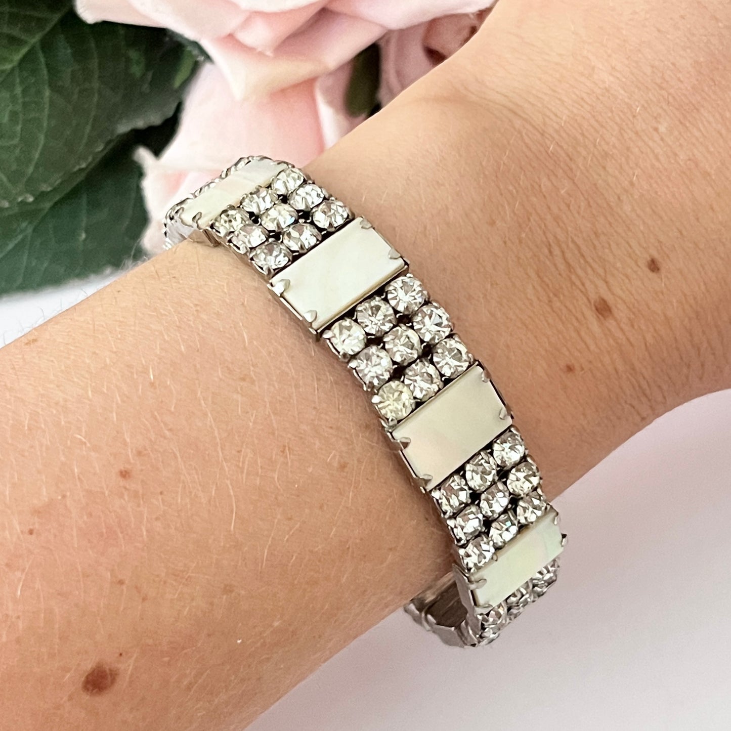 1940s Mother of Pearl and Diamanté Cuff Bracelet