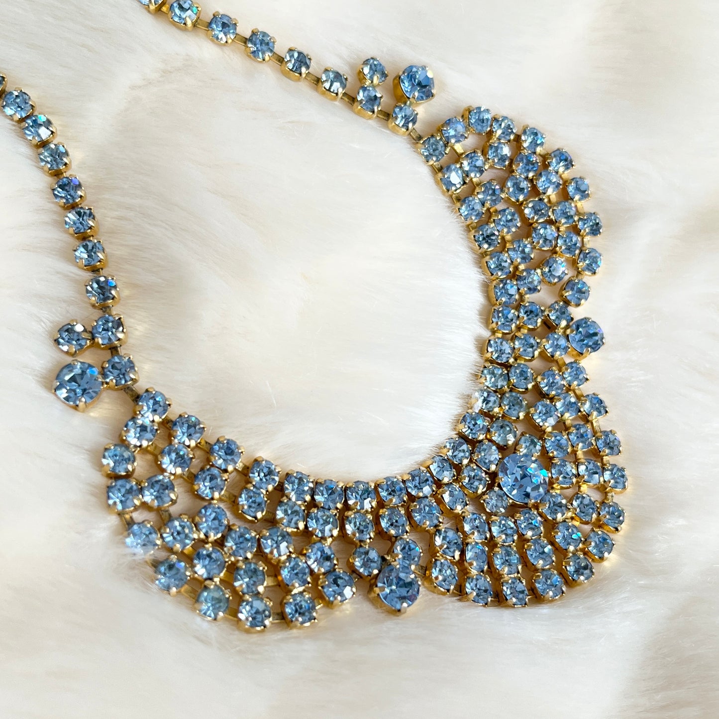 1950s Denim Blue Diamanté Sparkly Gold Plated Necklace