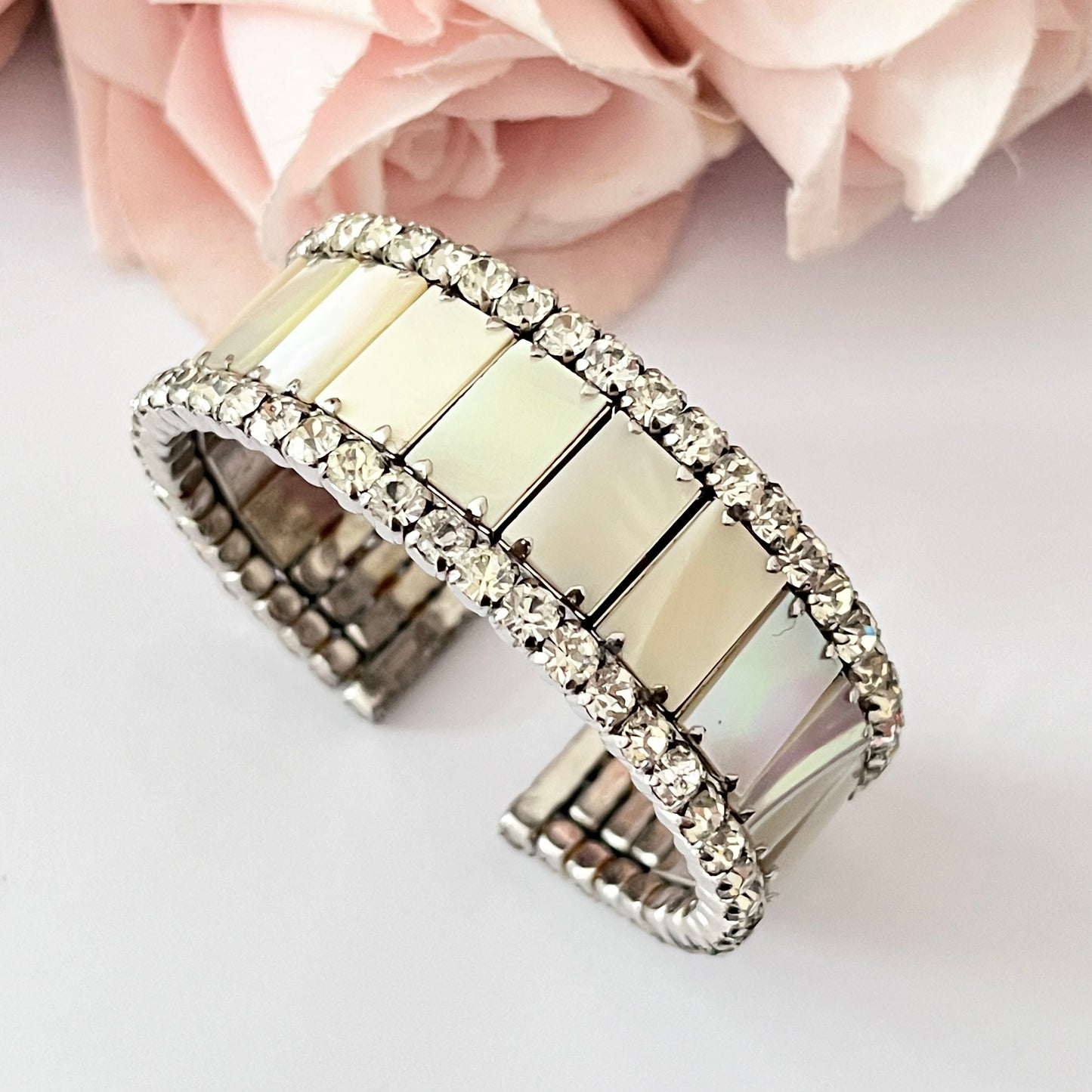 1940s Mother of Pearl and Diamanté Cuff Bracelet