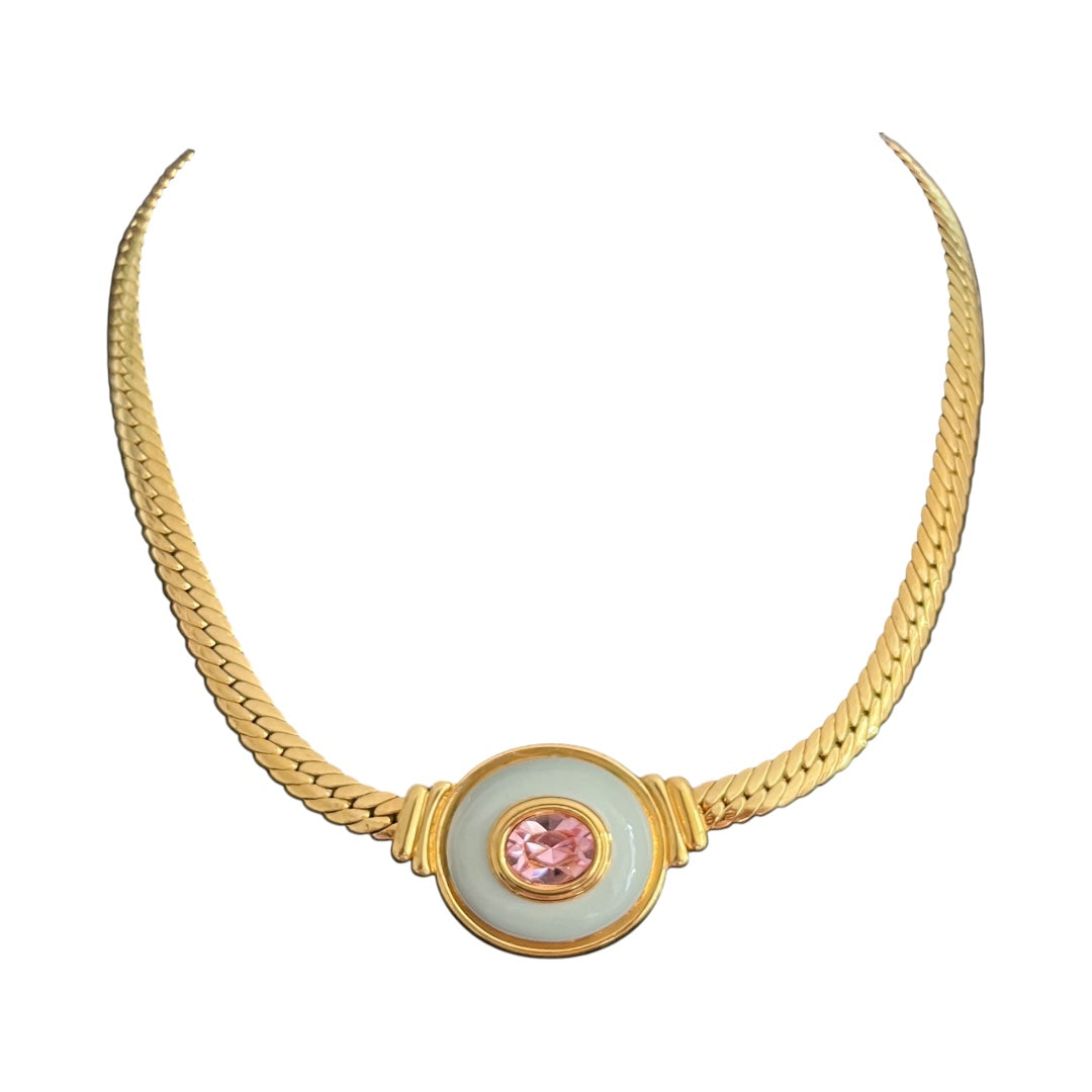 1970s Blue Enamel Pink Diamanté Gold Plated Collar Necklace