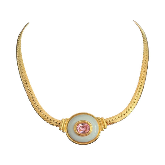 1970s Blue Enamel Pink Diamanté Gold Plated Collar Necklace
