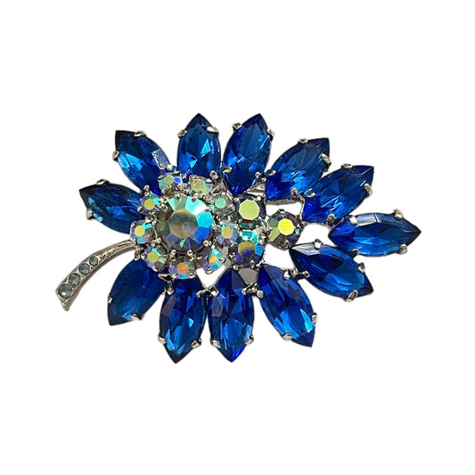 1950s Mermaid Blue Aurora Borealis and Diamanté Floral Brooch