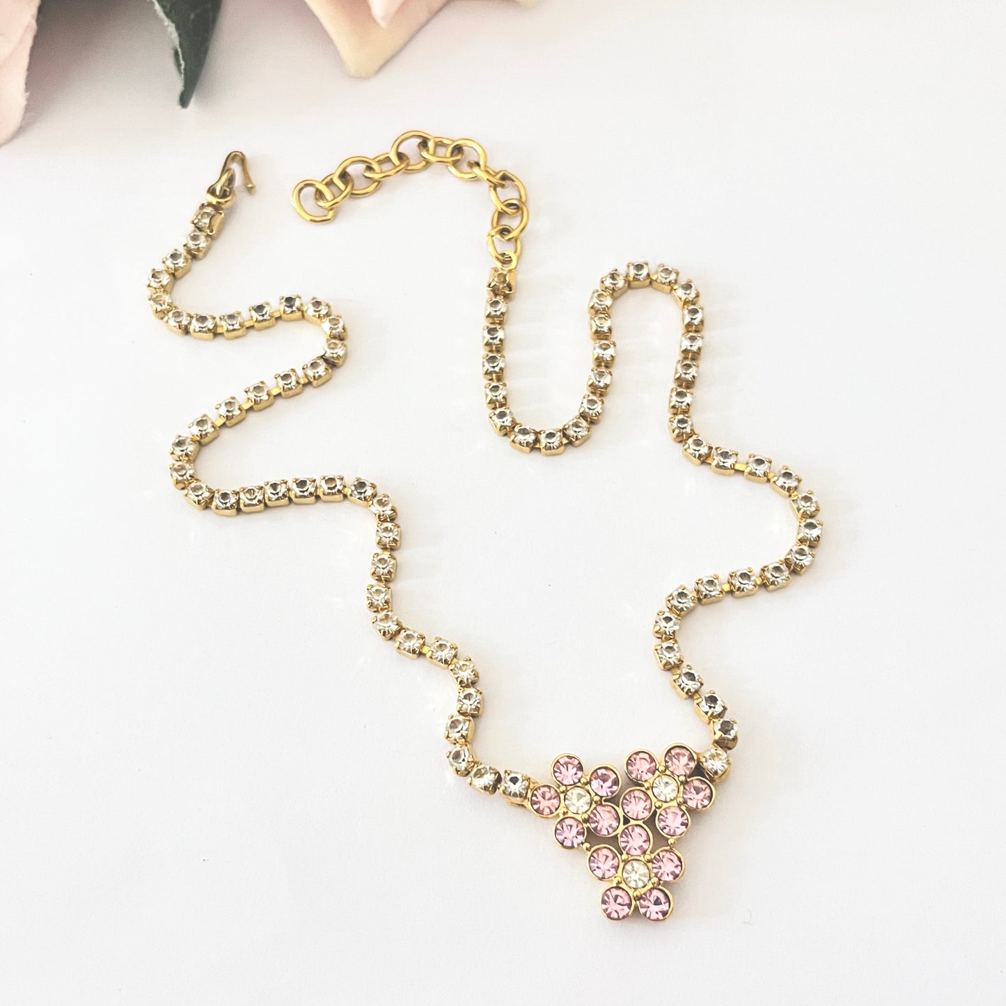1980s Monet Pink Diamanté Gold Plated Flower Necklace
