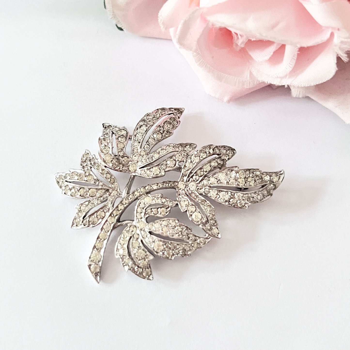 1950s CIRO Pearls Silver Paste Sparkly Leaf Brooch