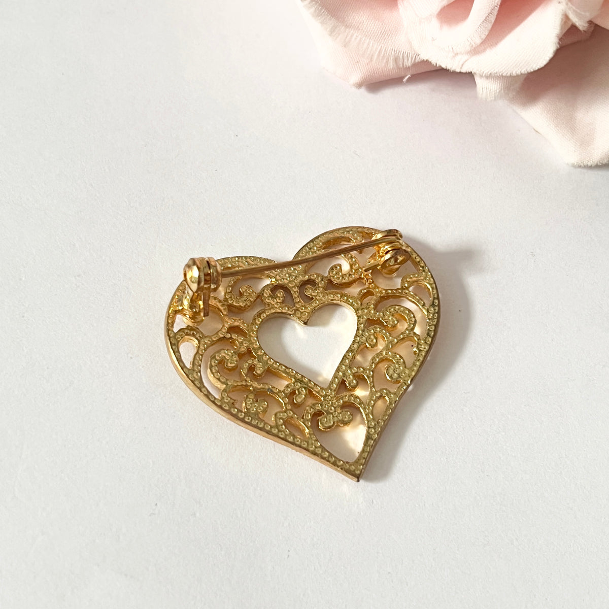 1980s Love Heart Gold Plated Brooch