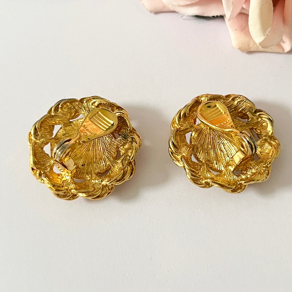 1980s Monet Gold Plated Faux Pearl Chunky Statement Clip On Earrings