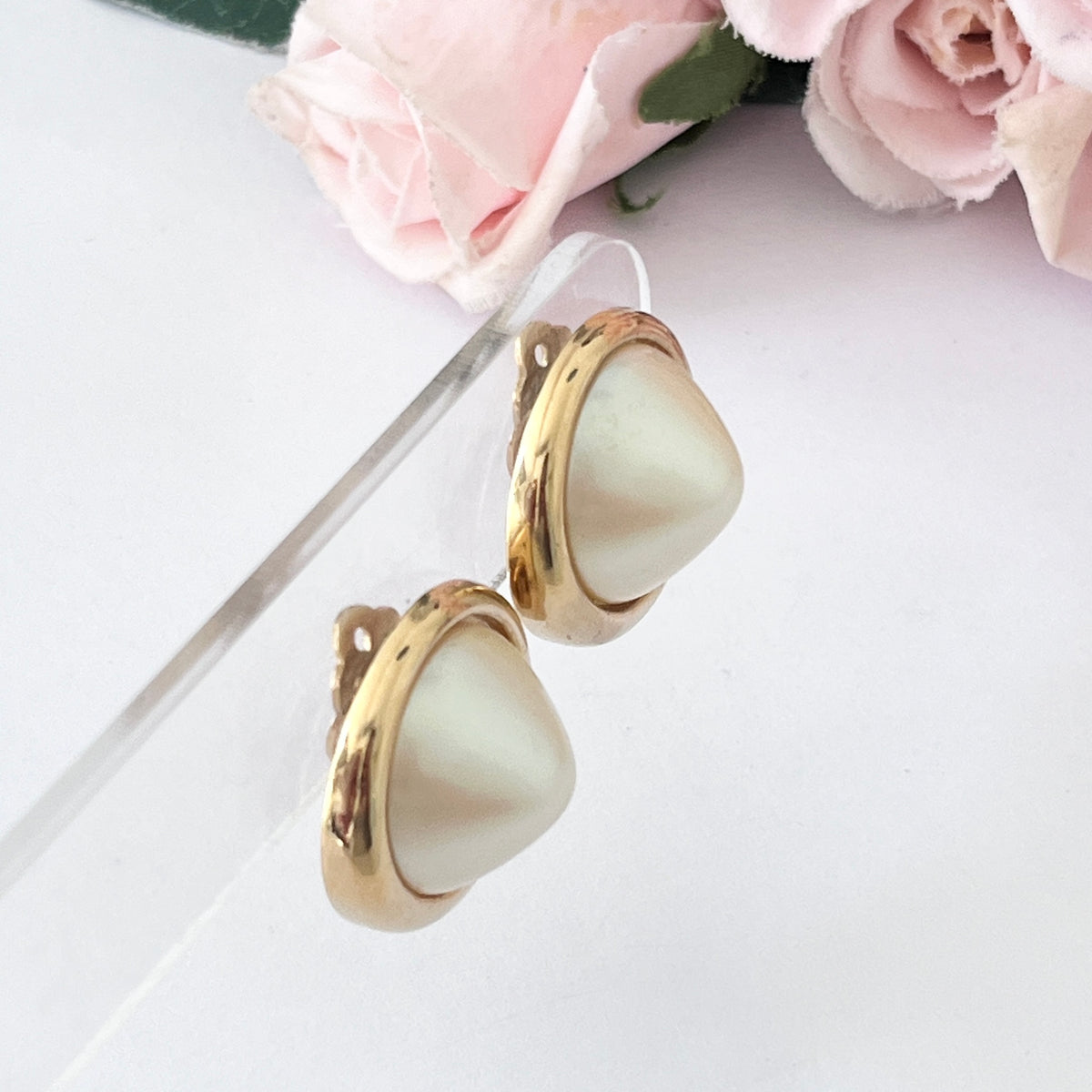 1980s Givenchy Pointed Faux Pearl Gold Plated Circle Clip On Earrings