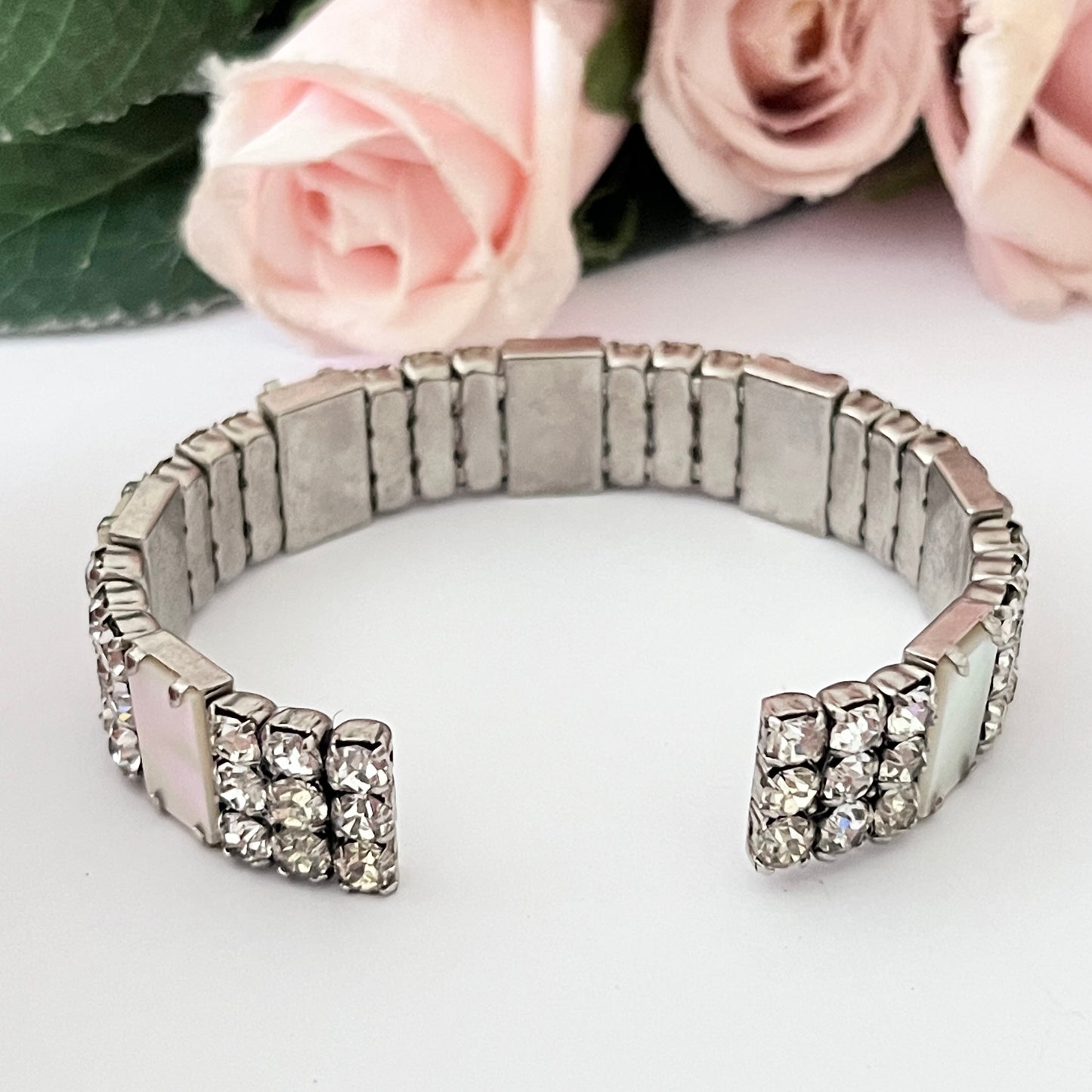 1940s Mother of Pearl and Diamanté Cuff Bracelet