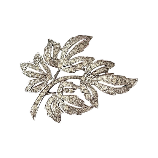 1950s CIRO Pearls Silver Paste Sparkly Leaf Brooch