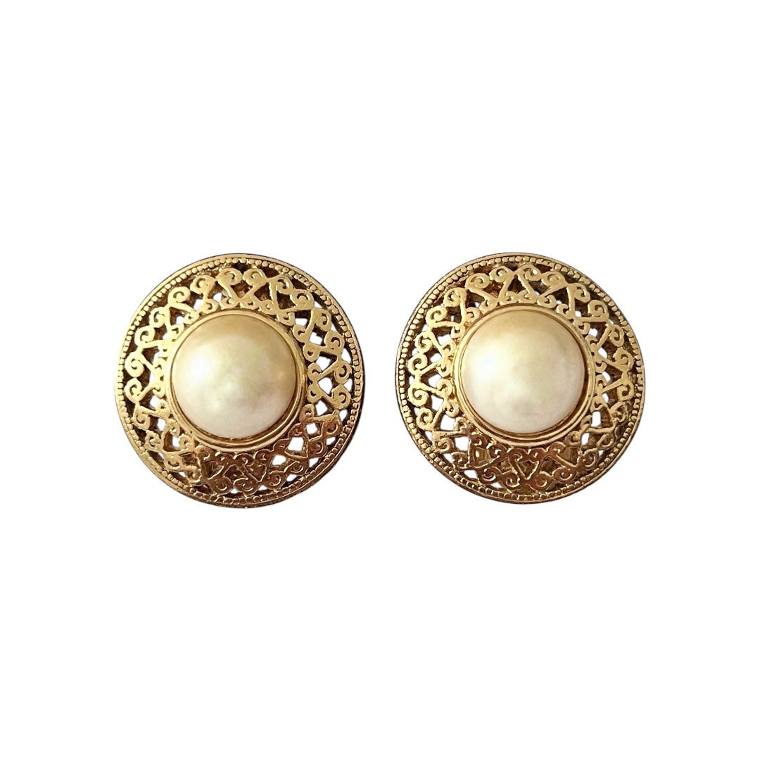 1970s Christian Dior Germany Gold Plated Faux Pearl Circle Clip On Earrings