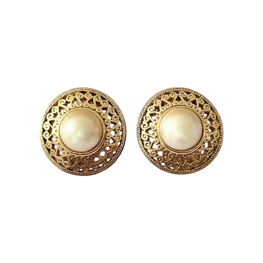 1970s Christian Dior Germany Gold Plated Faux Pearl Circle Clip On Earrings