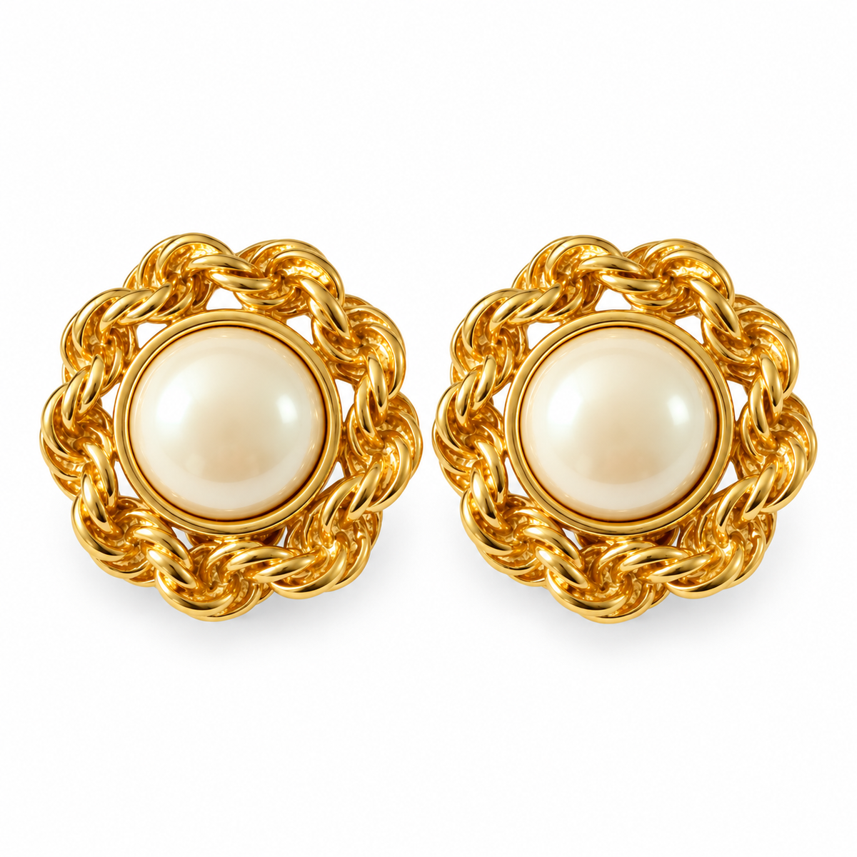 1980s Monet Gold Plated Faux Pearl Chunky Statement Clip On Earrings