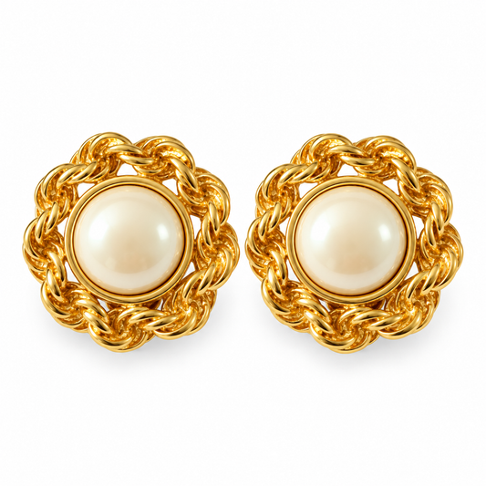 1980s Monet Gold Plated Faux Pearl Chunky Statement Clip On Earrings