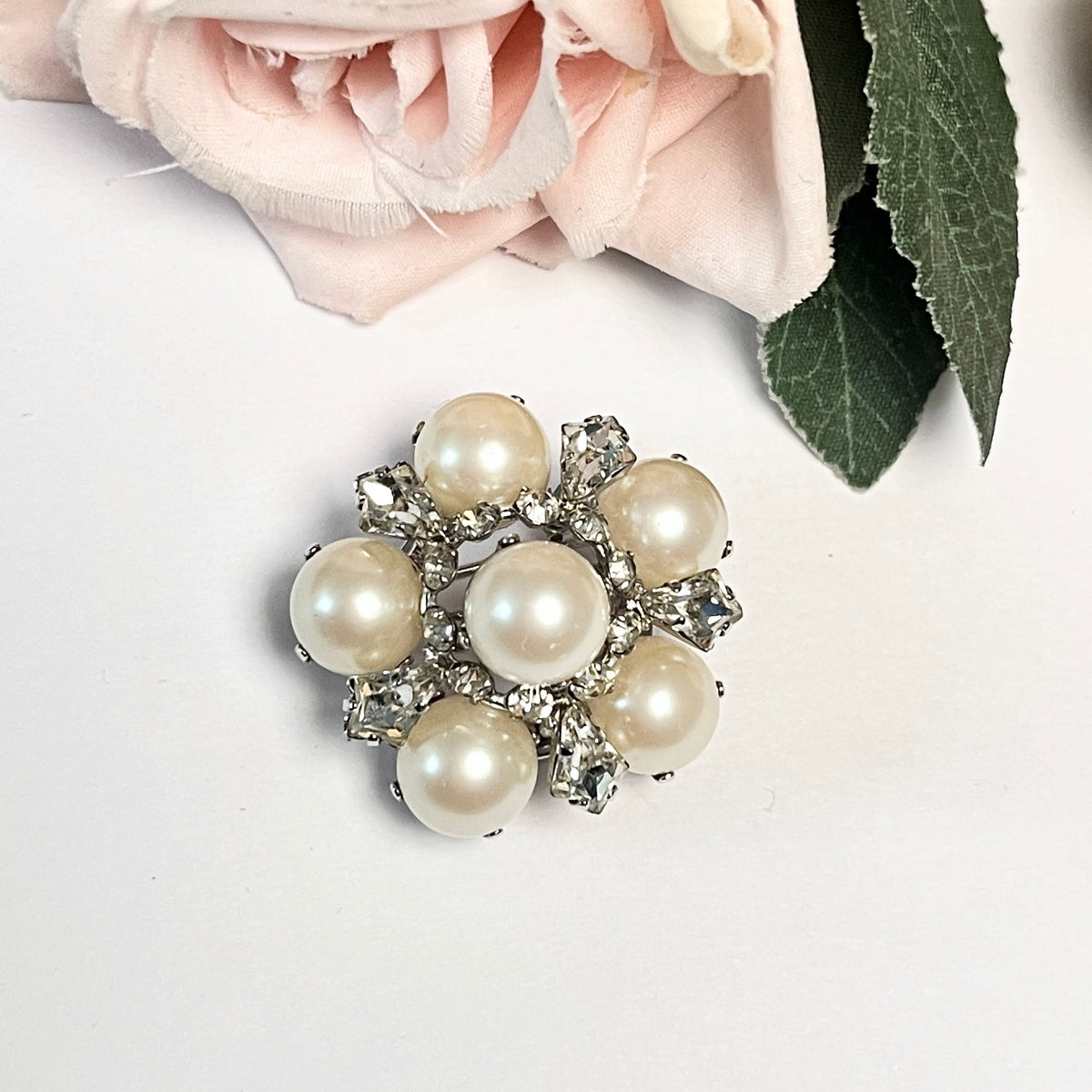 1966 Christian Dior Faux Pearl Diamanté Flower Brooch