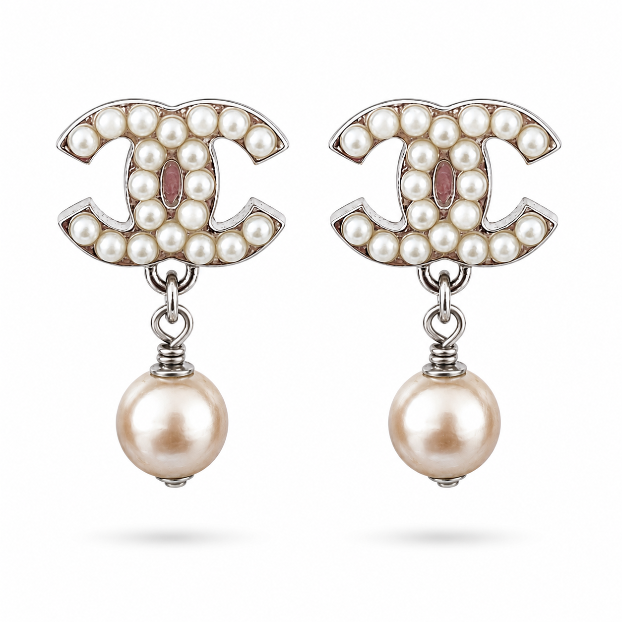 2006 Chanel Silver Dangly Faux Pearl Clip On Earrings