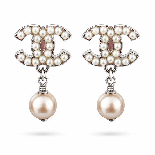 2006 Chanel Silver Dangly Faux Pearl Clip On Earrings
