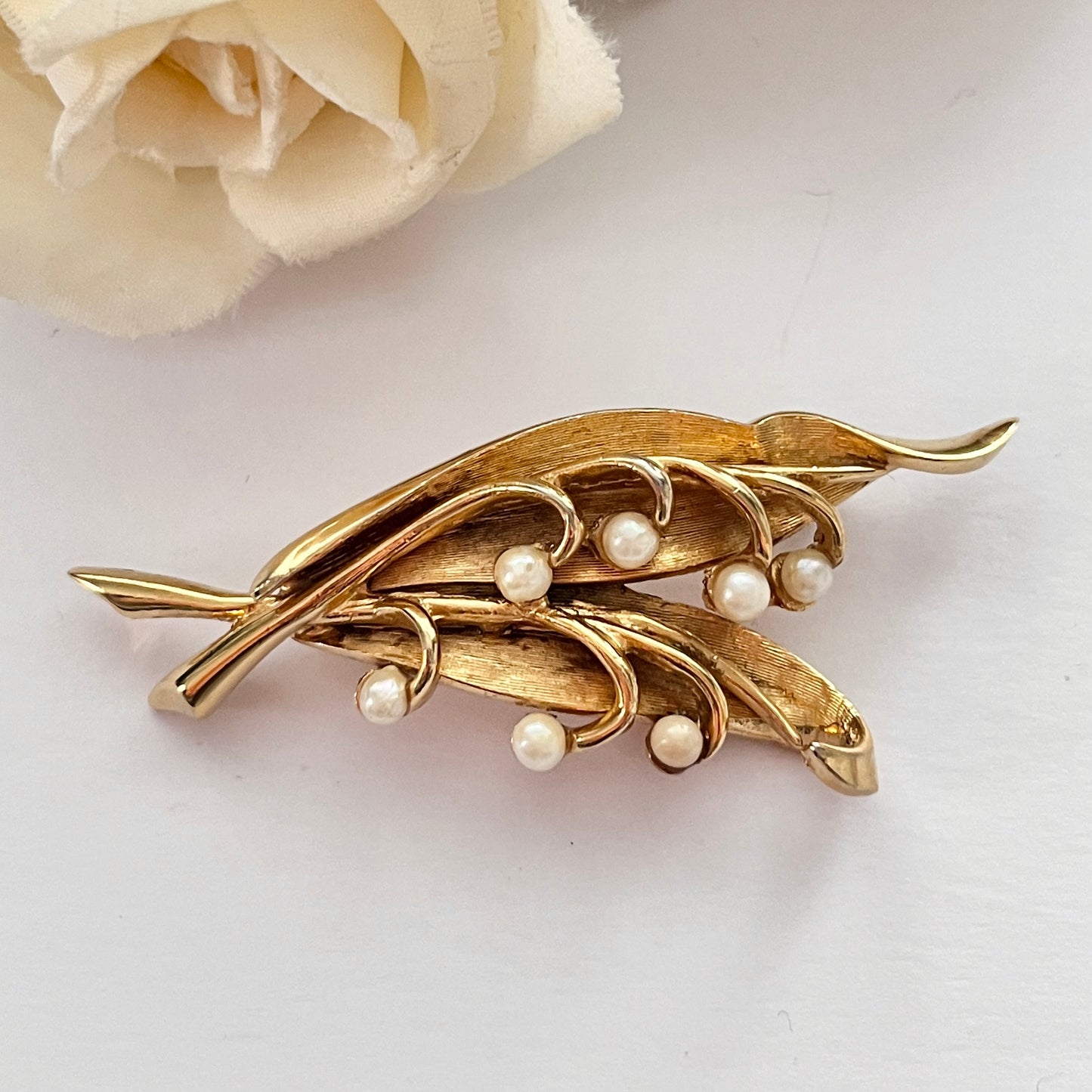 1960s Boucher ‘Lily Of The Valley’ Brushed Gold Plated Faux Pearl Brooch