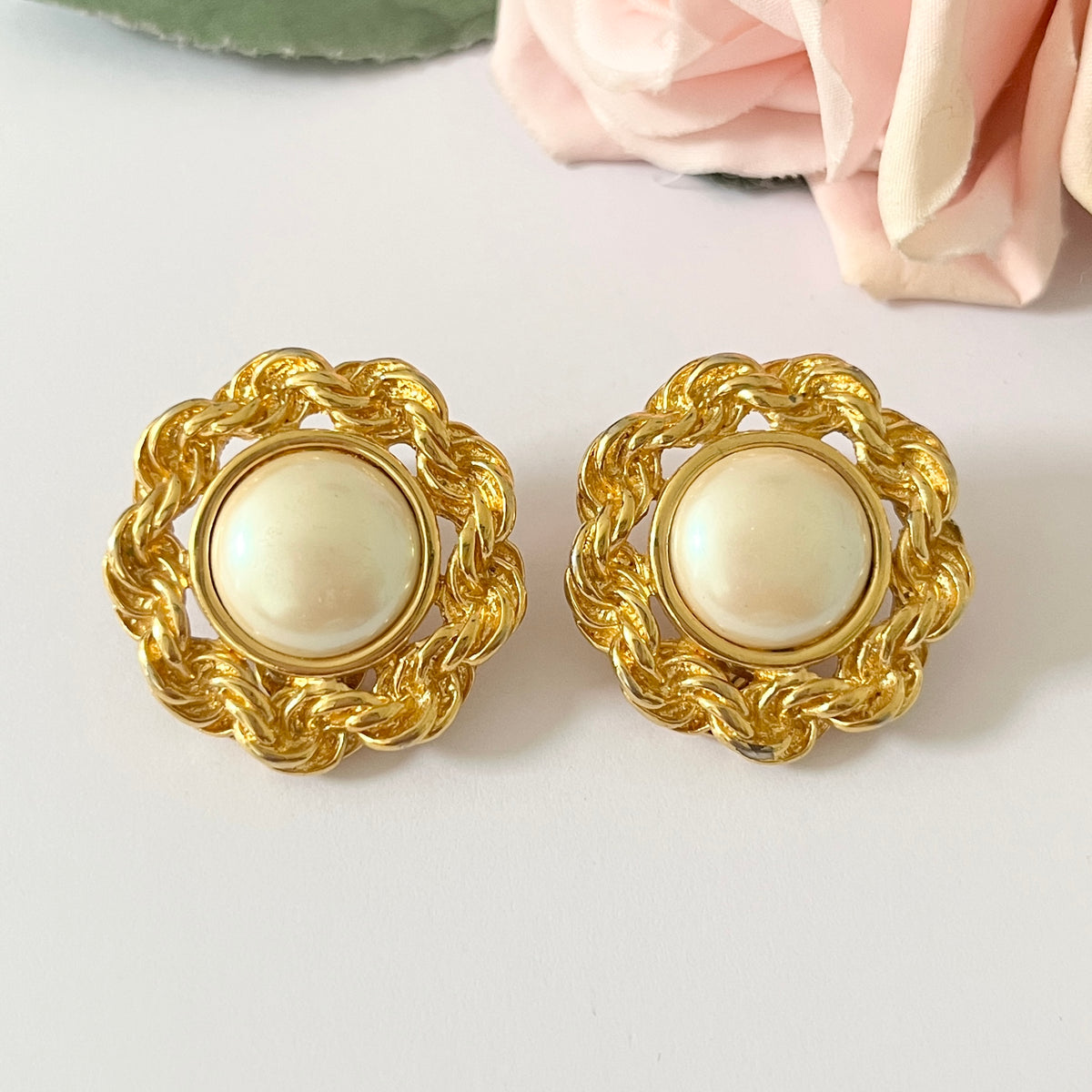 1980s Monet Gold Plated Faux Pearl Chunky Statement Clip On Earrings