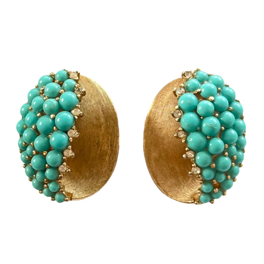 1960s Trifari Faux Turquoise Brushed Gold Plated Clip On Earrings